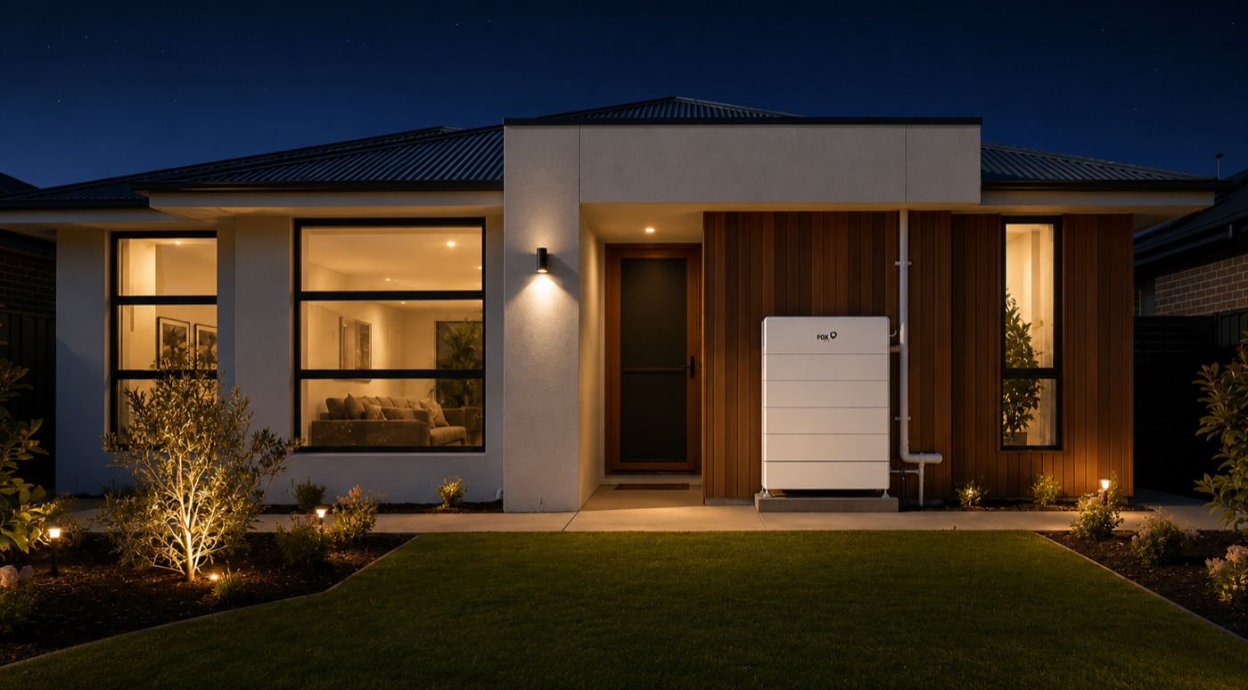 Modern home with solar battery storage at night