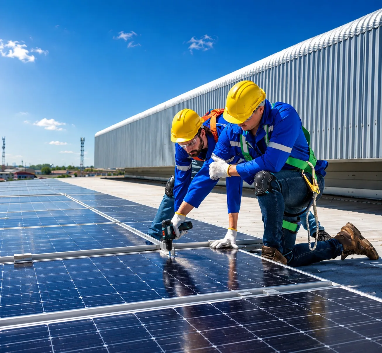 Commercial solar panels on a warehouse roof